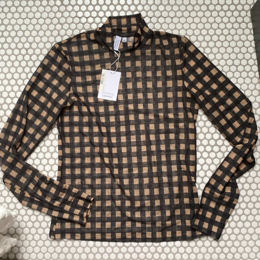& other stories mesh gingham long sleeve top